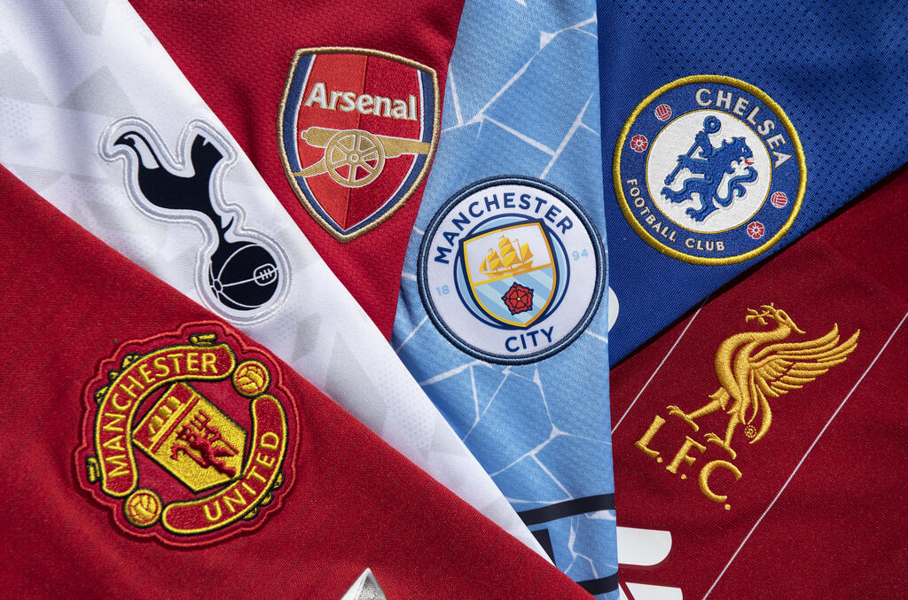 MANCHESTER, ENGLAND - APRIL 22: The club badges on the home shirts of the so-called top six in English football, Arsenal, Chelsea, Liverpool, Manchester United, Manchester City and Tottenham Hotspur. All were involved in the setting up of the European Super League on April 22, 2021 in Manchester, United Kingdom. (Photo by Visionhaus/Getty Images)